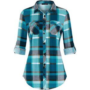 Womens Soft Stretchy Knit Plaid Shirts Roll Up Collared Button Down Blouses Tops